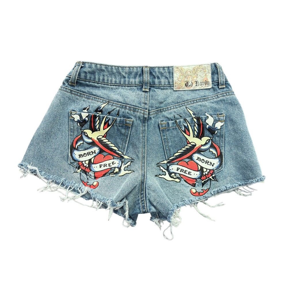 Ed Hardy Denim Cutoff Shorts XS Blue Tattoo Y2K Low Rise Distressed Jean